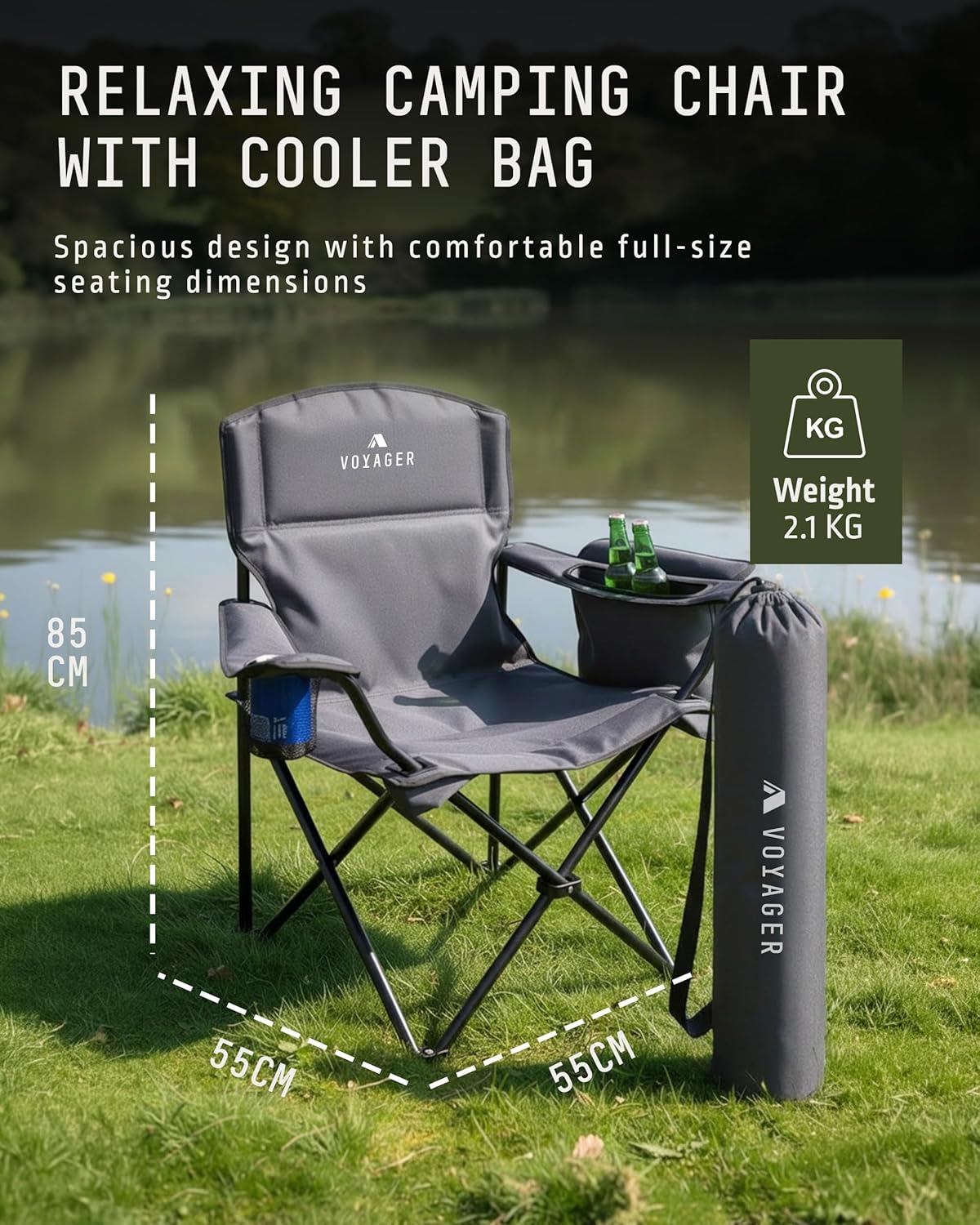 Folding Camping Chairs 2 Pack Cooler Bag Grey Portable