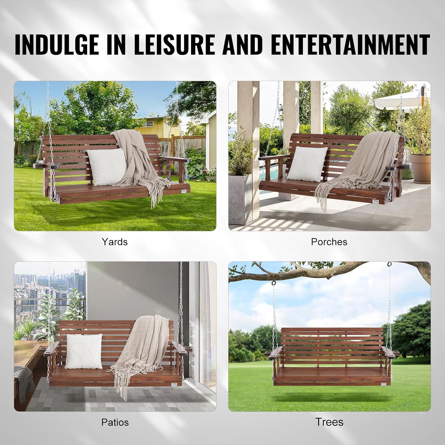 Brown Wooden Porch Swing Bench 5.5ft with Cup Holders