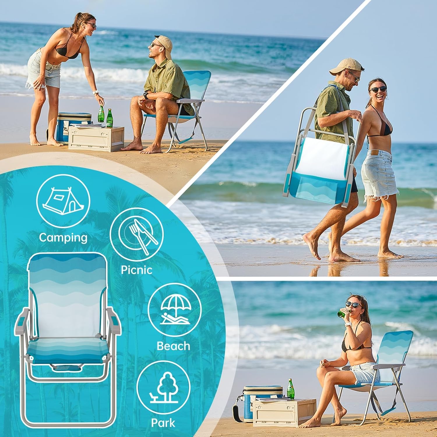 Folding Beach Chair High Back Lightweight Cyan White