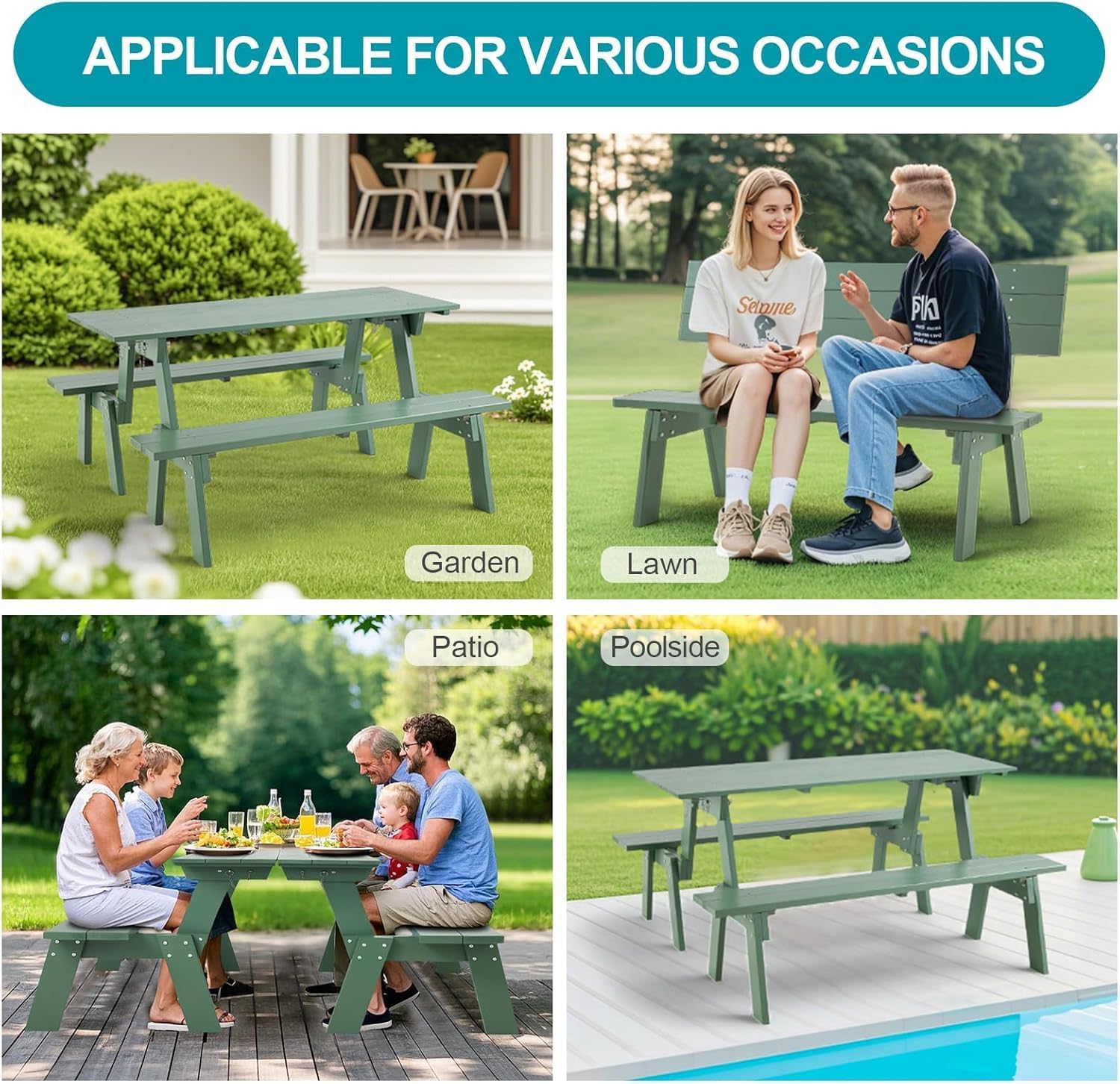 3 in 1 Wooden Picnic Table Bench Set Convertible Folding Garden