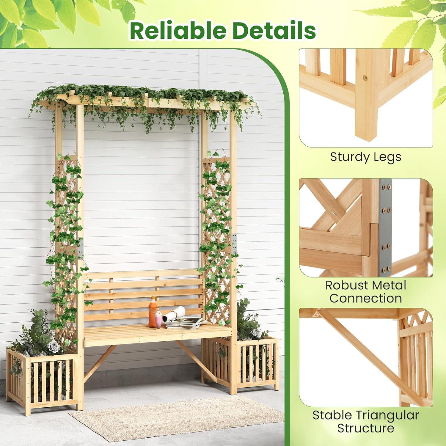 Wooden Garden Arch Bench with Planters Trellis Pergola Seat