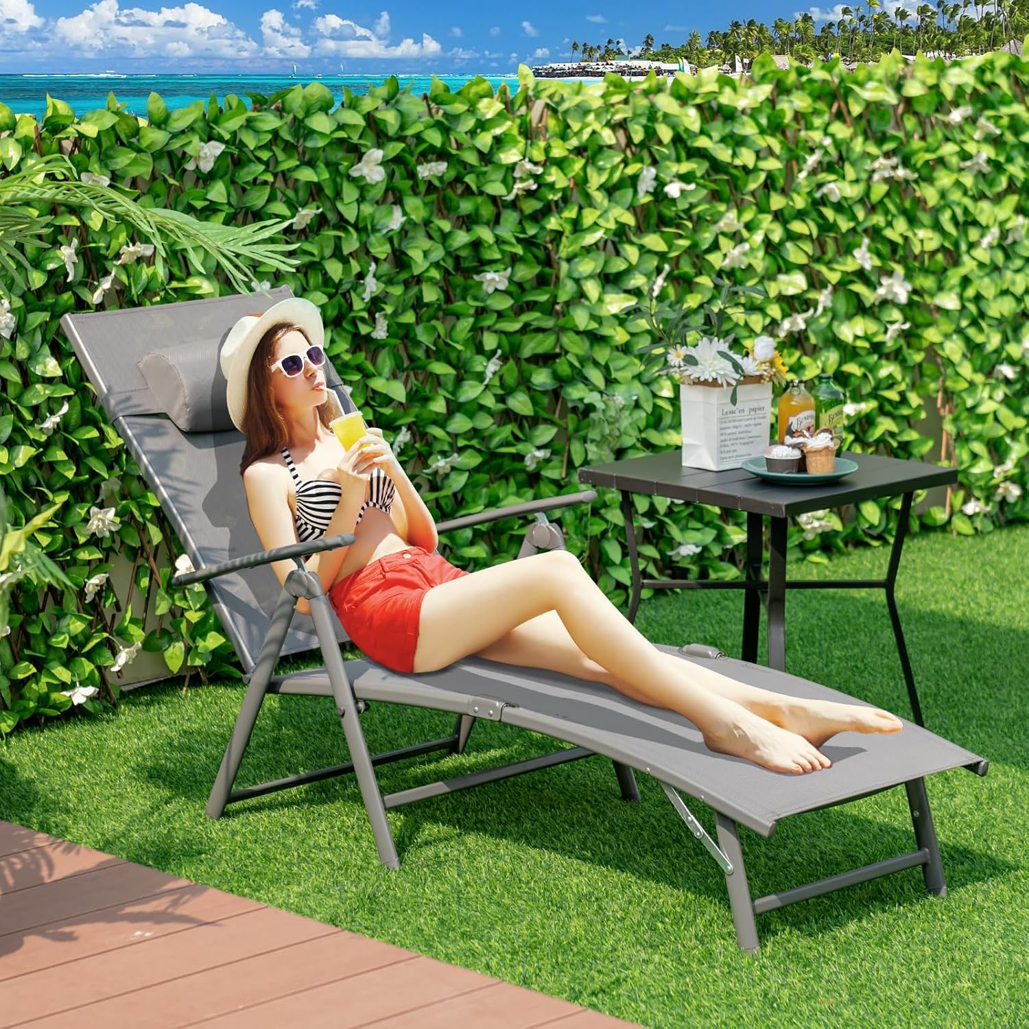 Folding Sun Lounger 7 Position Recliner Grey 150kg