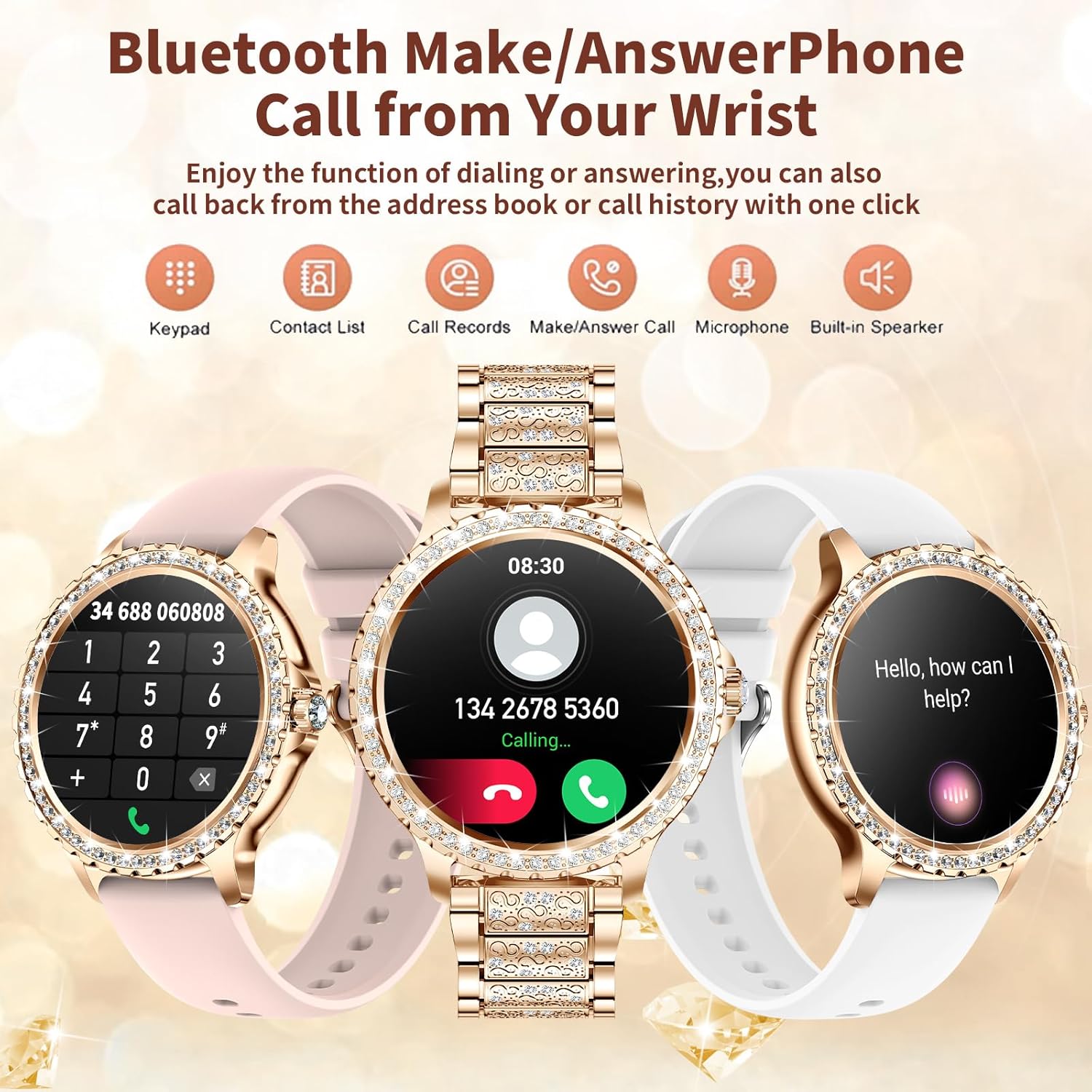 Diamond Womens Smart Watch Bluetooth Call 3 Straps Bling
