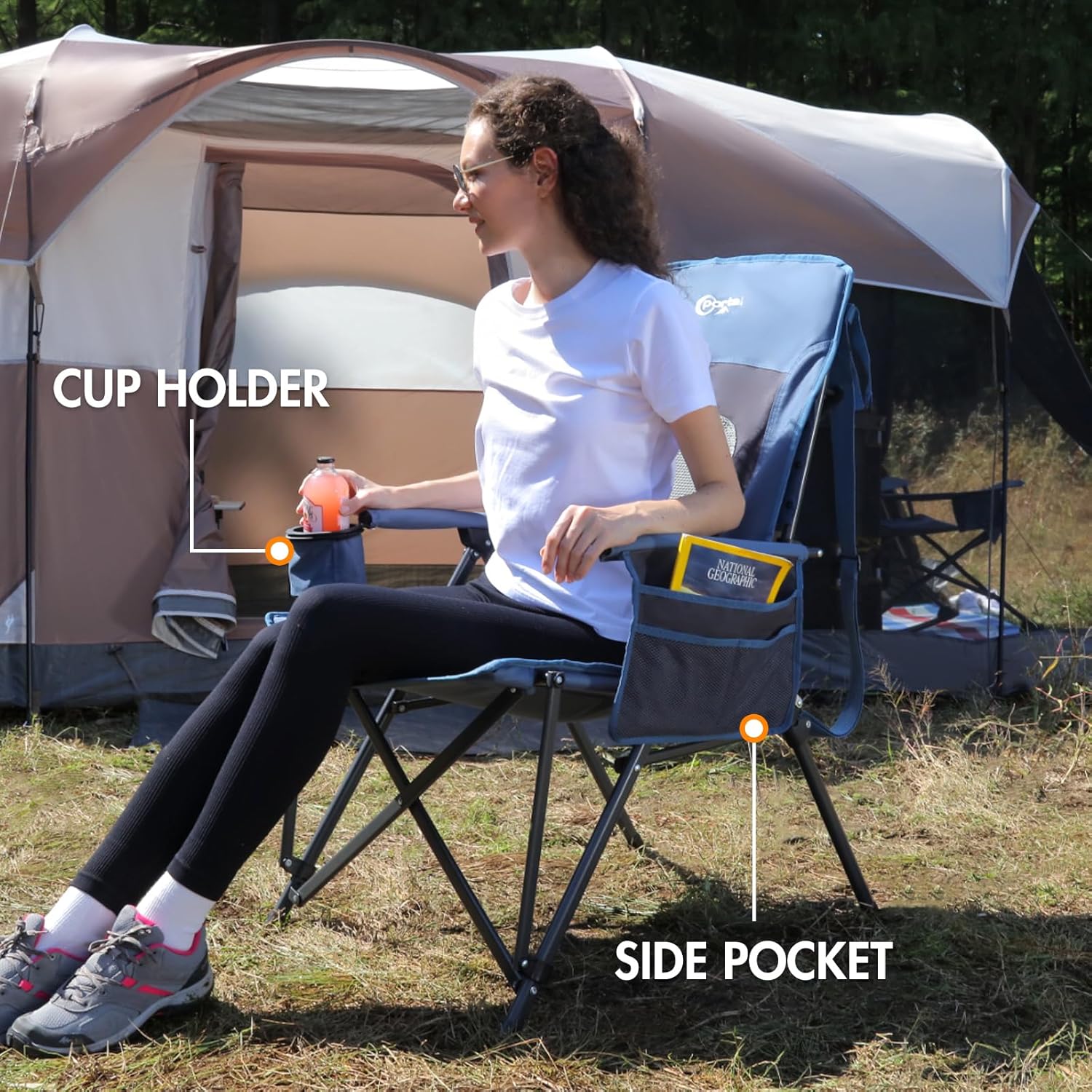 High Back Folding Camping Chair 180kg Heavy Duty Blue