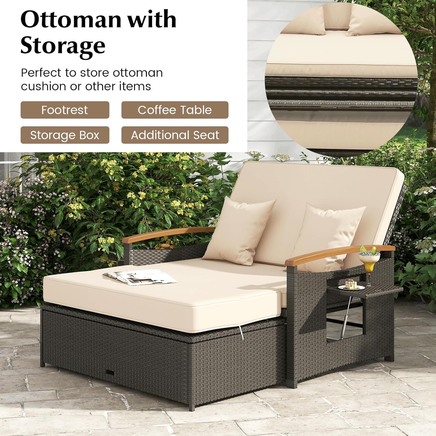 Double Rattan Daybed Wicker Sun Lounger Beige