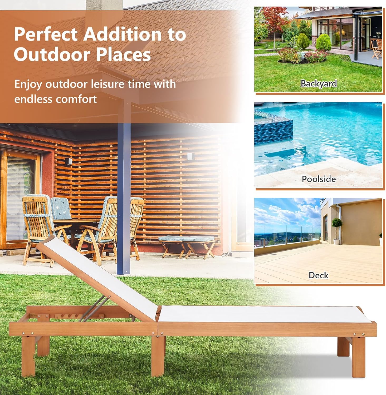 Wooden Garden Sun Lounger 5 Position Recliner 200cm Teak