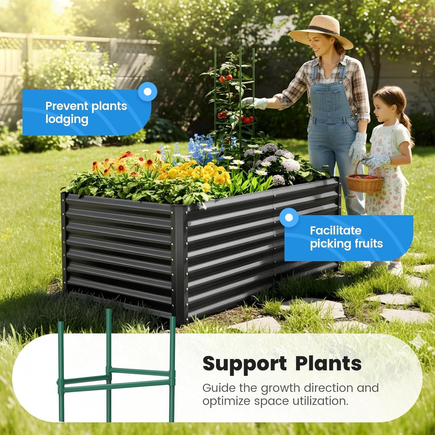 Large Galvanized Raised Garden Bed 180x90cm with Tomato Cages