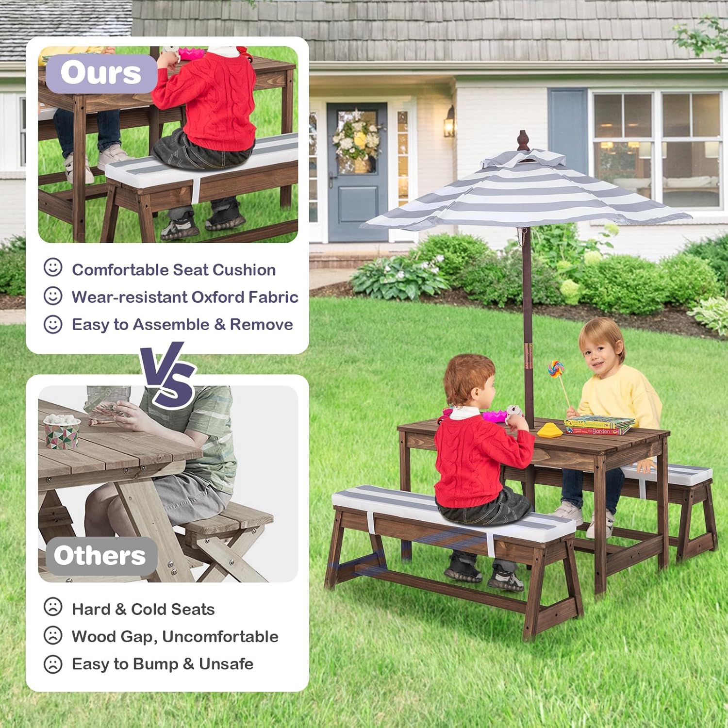 Kids Wooden Picnic Table Bench Set w/Umbrella Cushions
