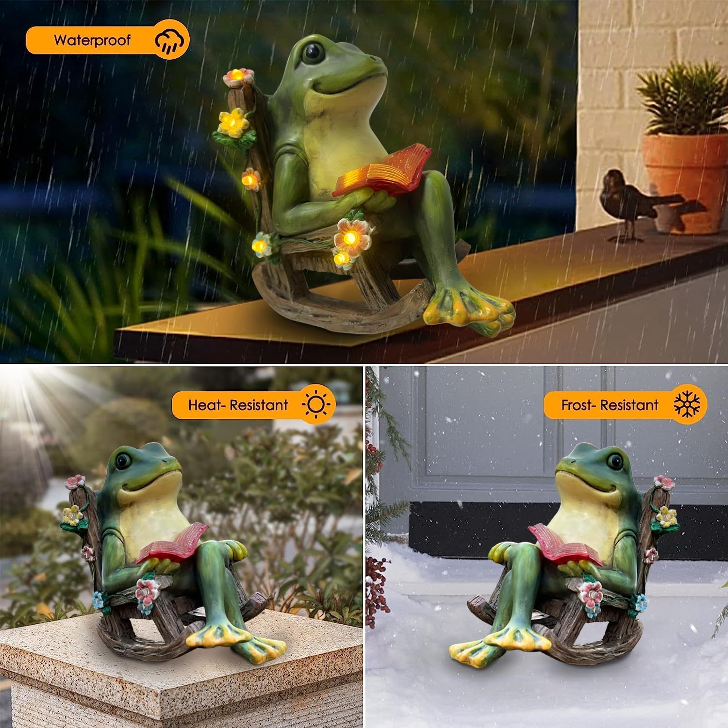 Solar Frog Garden Statue LED Lights Succulent Outdoor Decor
