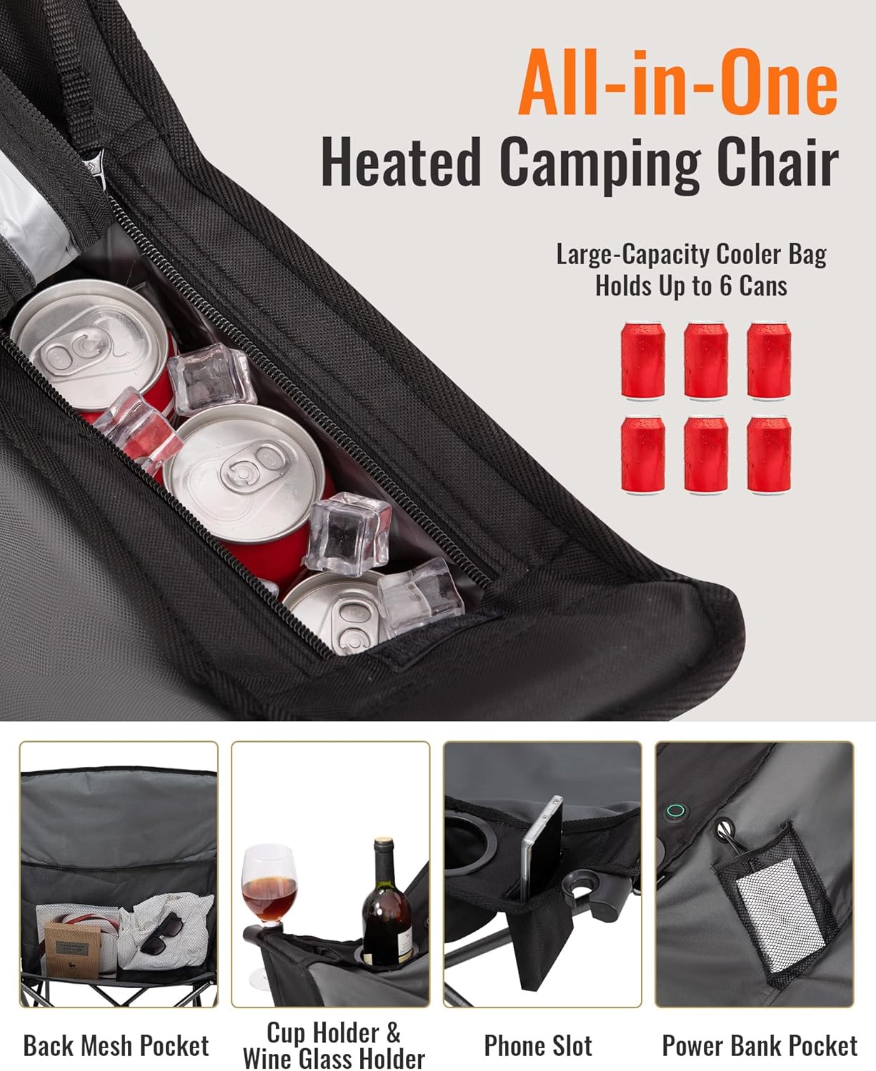 Heated XL Camping Chair 200KG Cooler Pocket