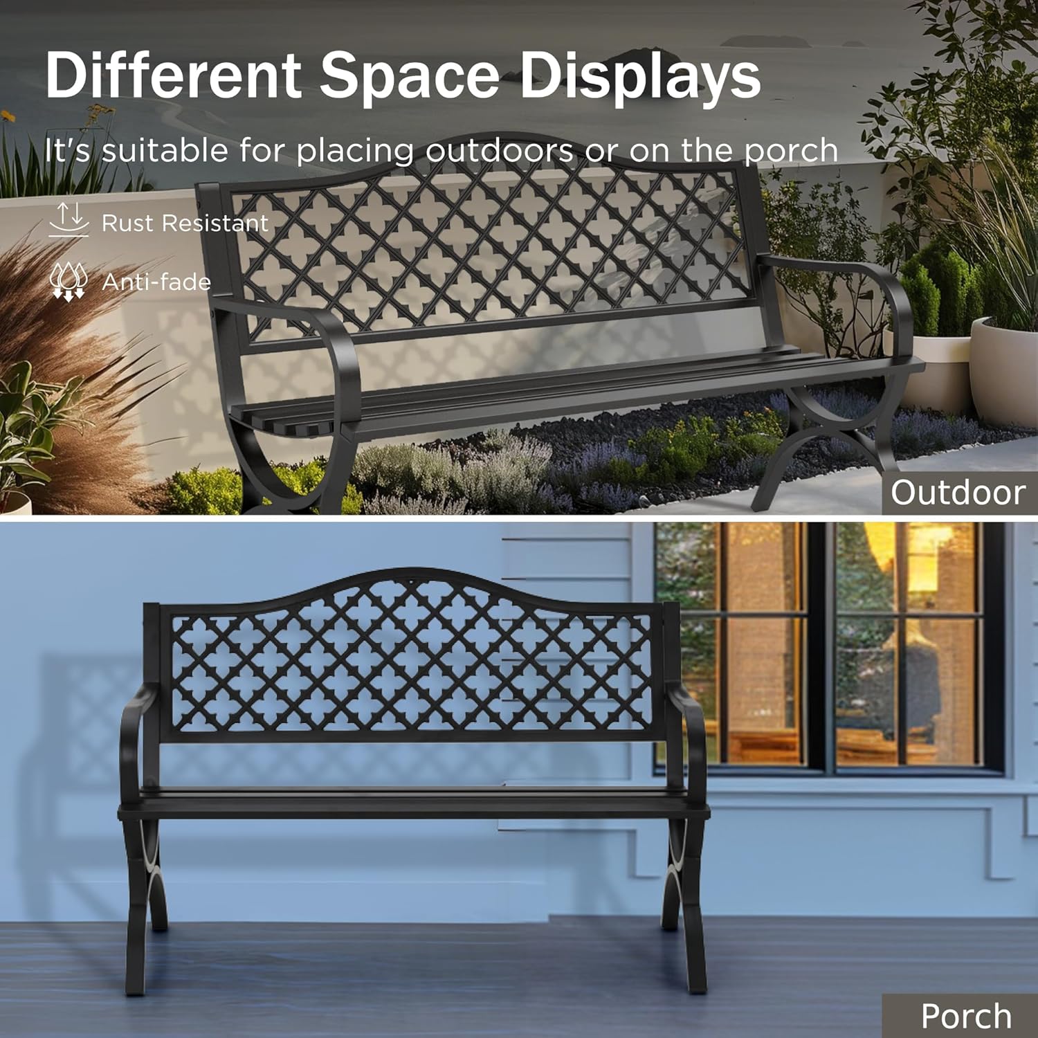 Black Metal Garden Bench 127cm Outdoor Patio Park Bench 2-3 Seater