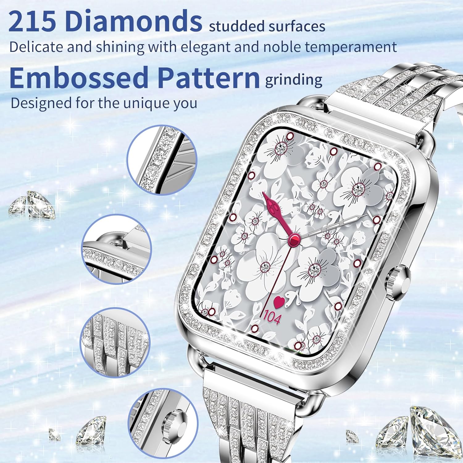 Diamond Womens Smart Watch 3 Straps Bluetooth Call