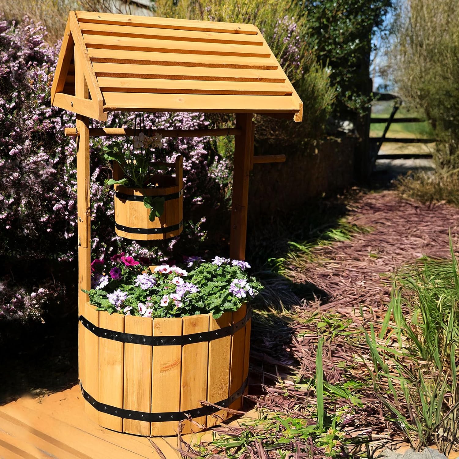 Wooden Wishing Well Planter Rustic Garden Flower Pot 100cm