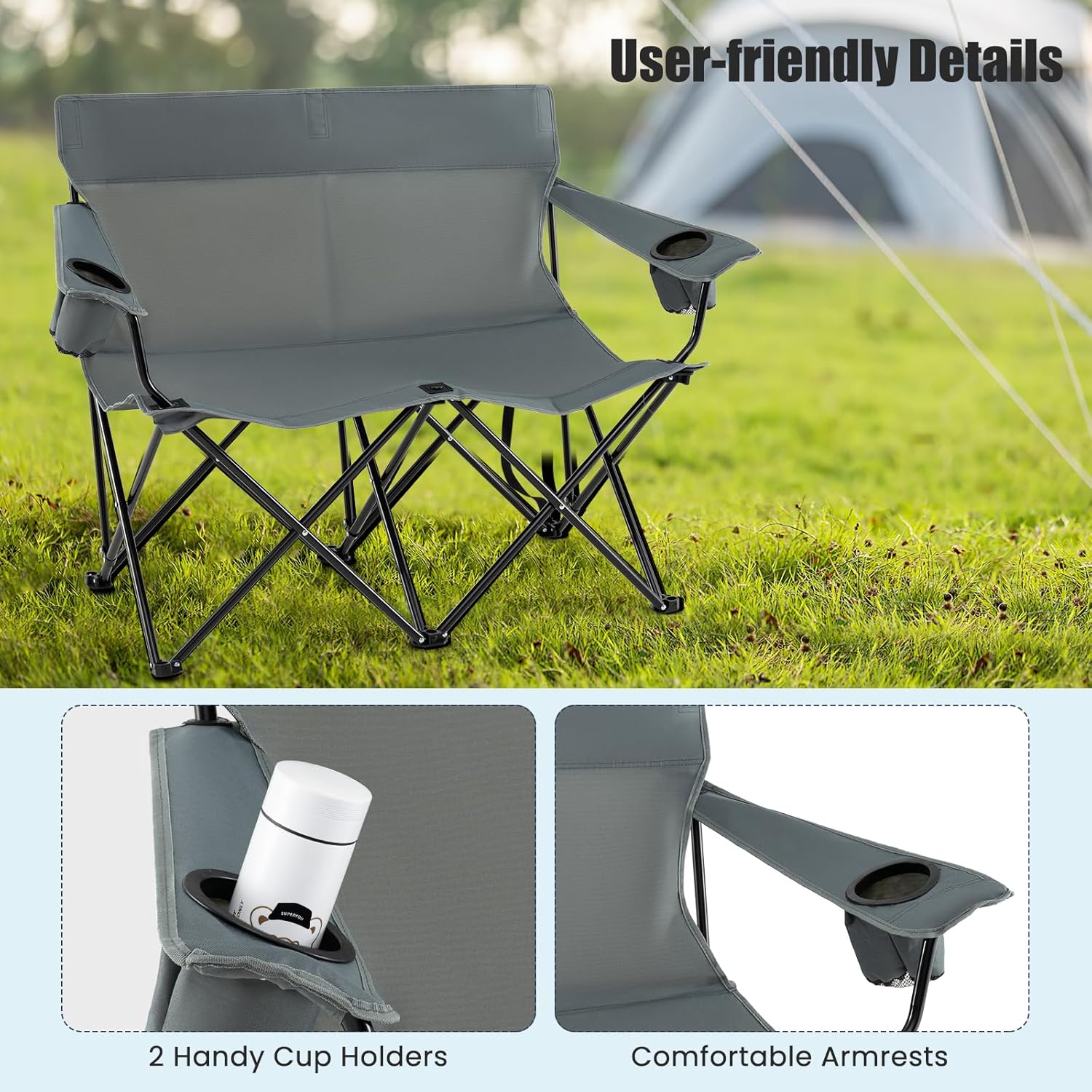 Double Camping Loveseat Chair 300KG Foldable Grey
