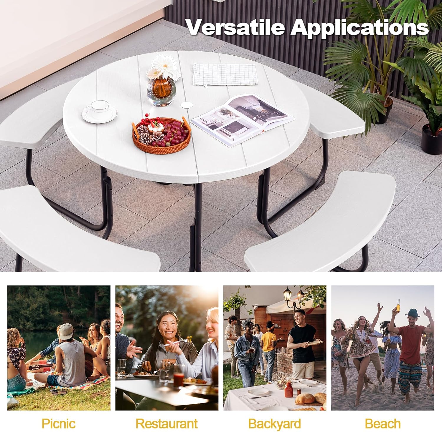8 Seater Round Picnic Table Bench Set Outdoor Patio w/Parasol Hole
