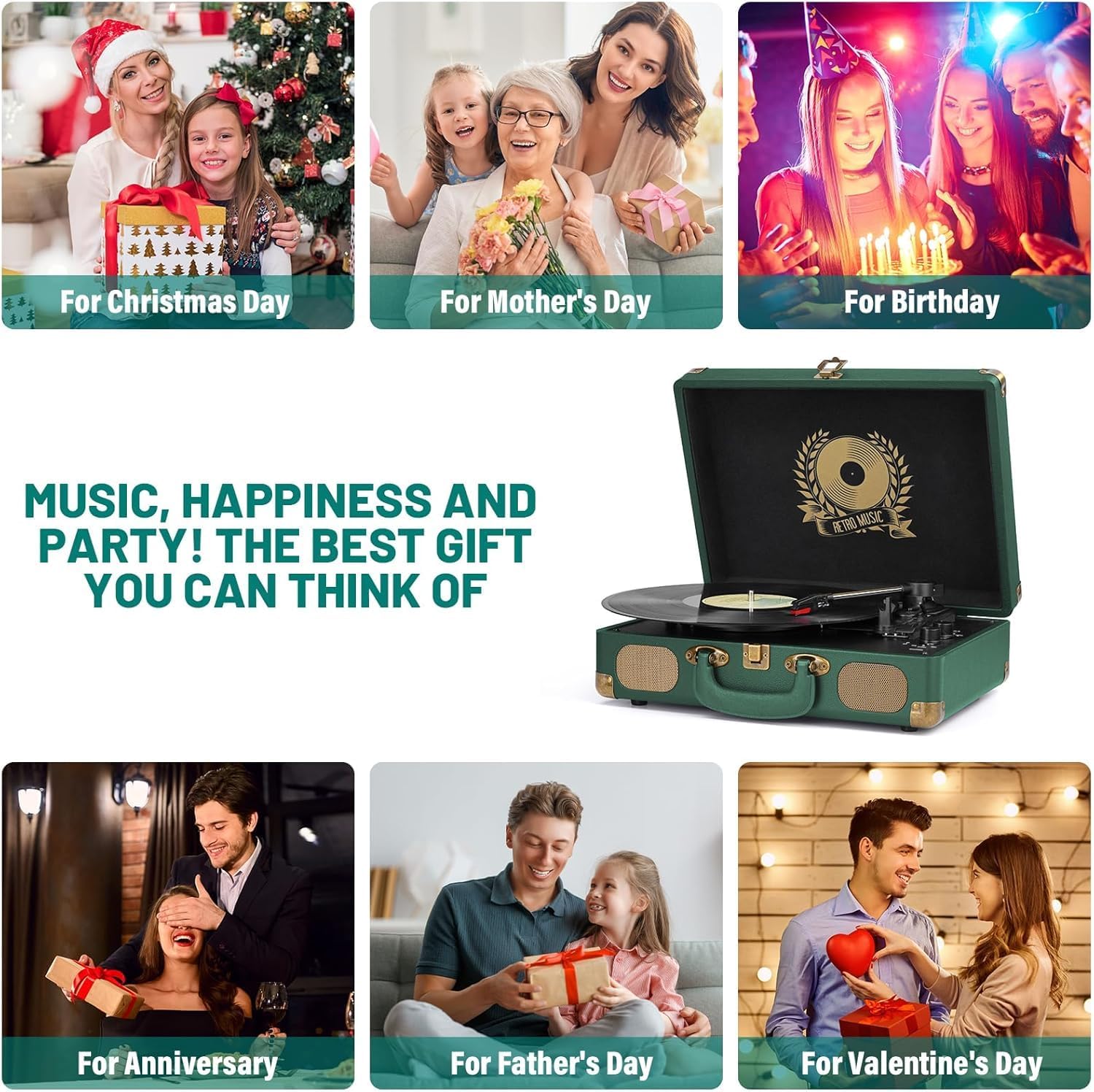 3-Speed Bluetooth Vinyl Record Player Portable Suitcase Turntable