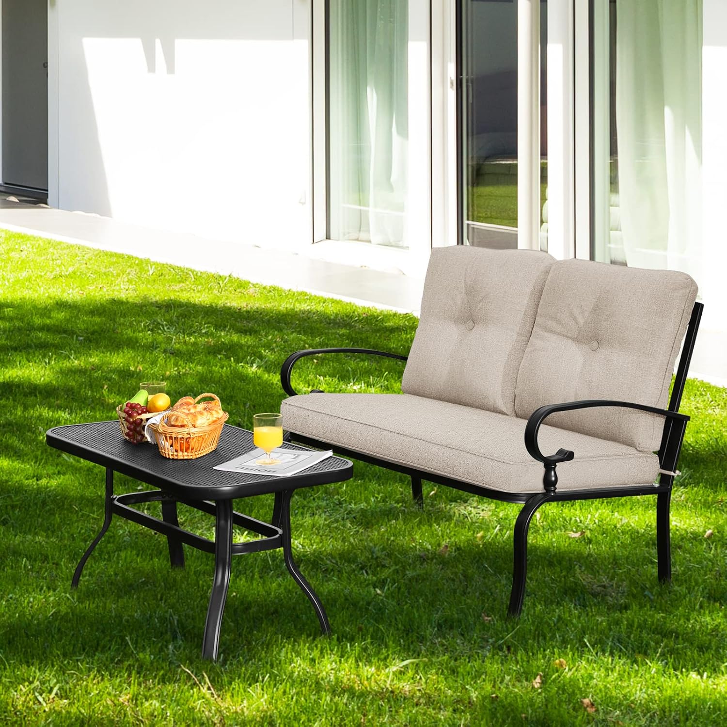 2 Seater Garden Loveseat with Coffee Table Cushioned Patio Set