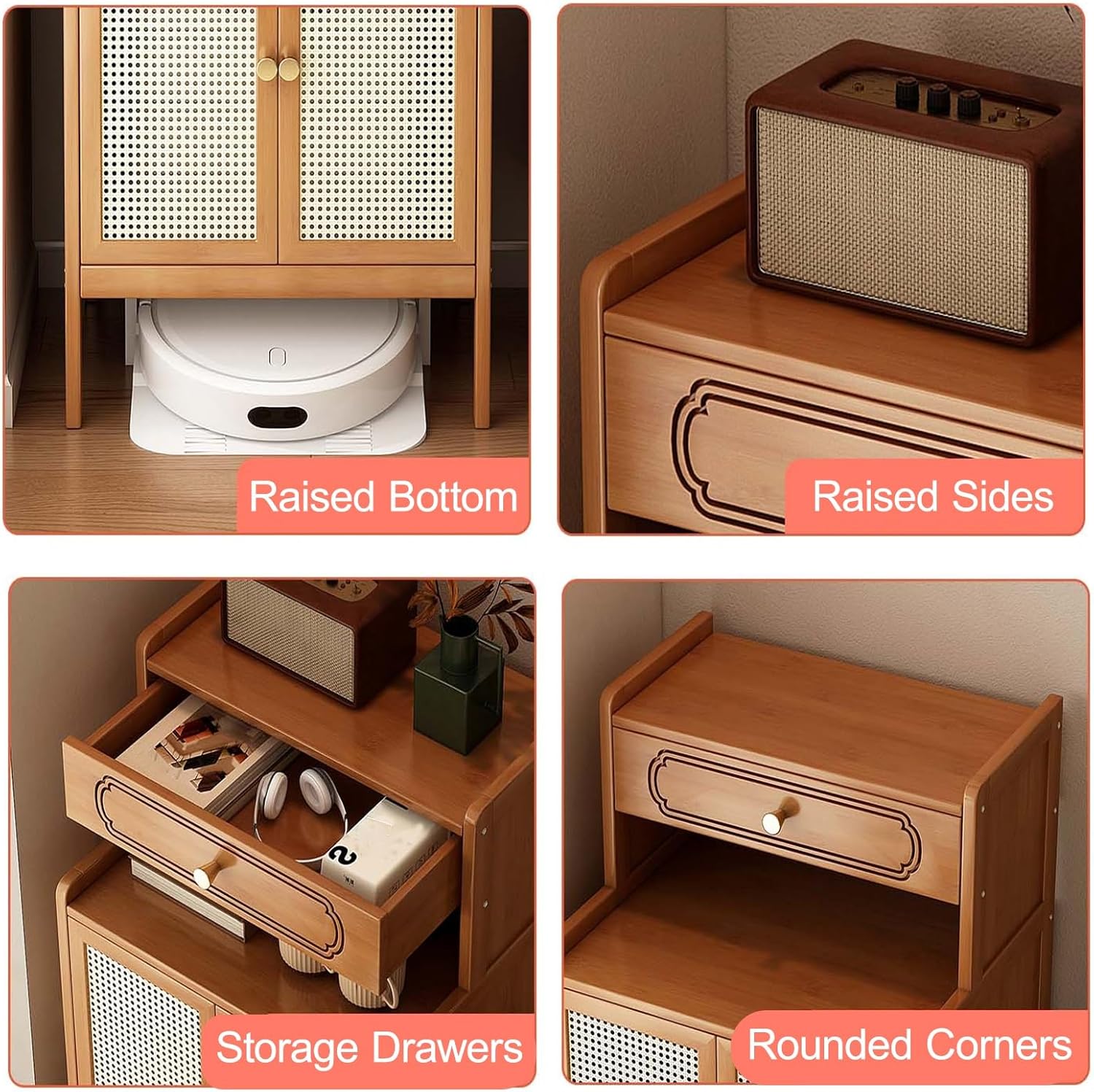 Hidden Robot Vacuum Cabinet Wood Side Table Storage Drawer Rattan Door