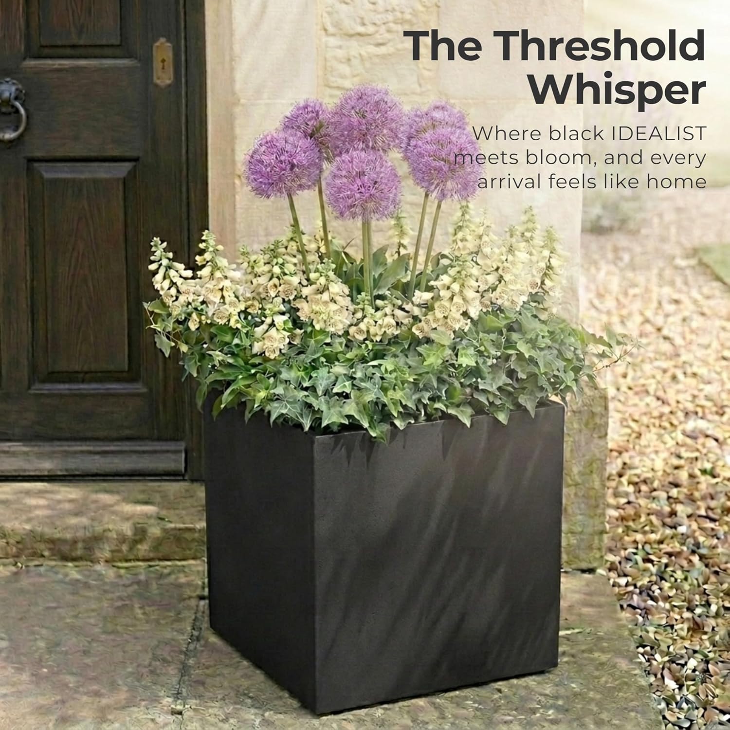30cm Black Square Planter Stone Effect Garden Pot Drainage