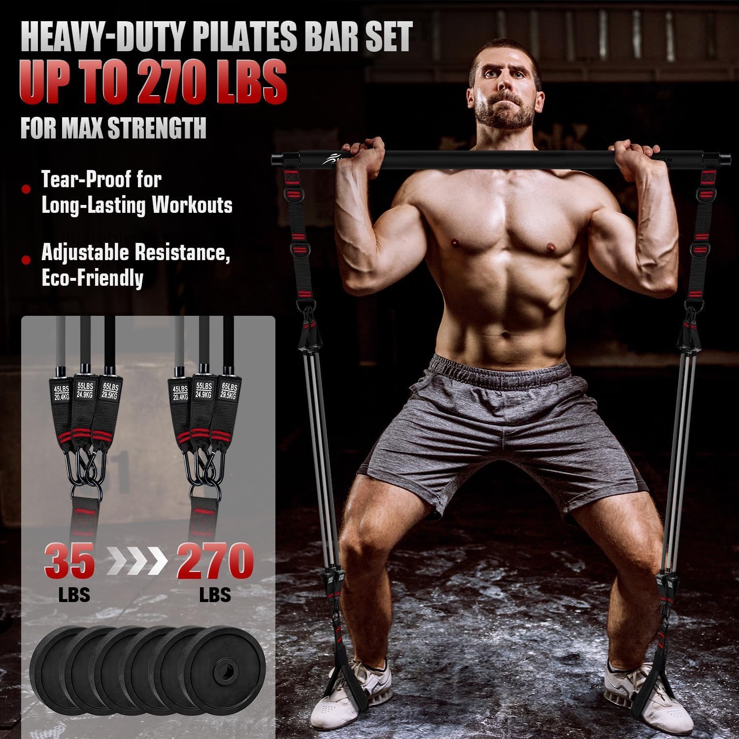Pilates Bar Kit Resistance Bands 270lb Portable Home Gym Set