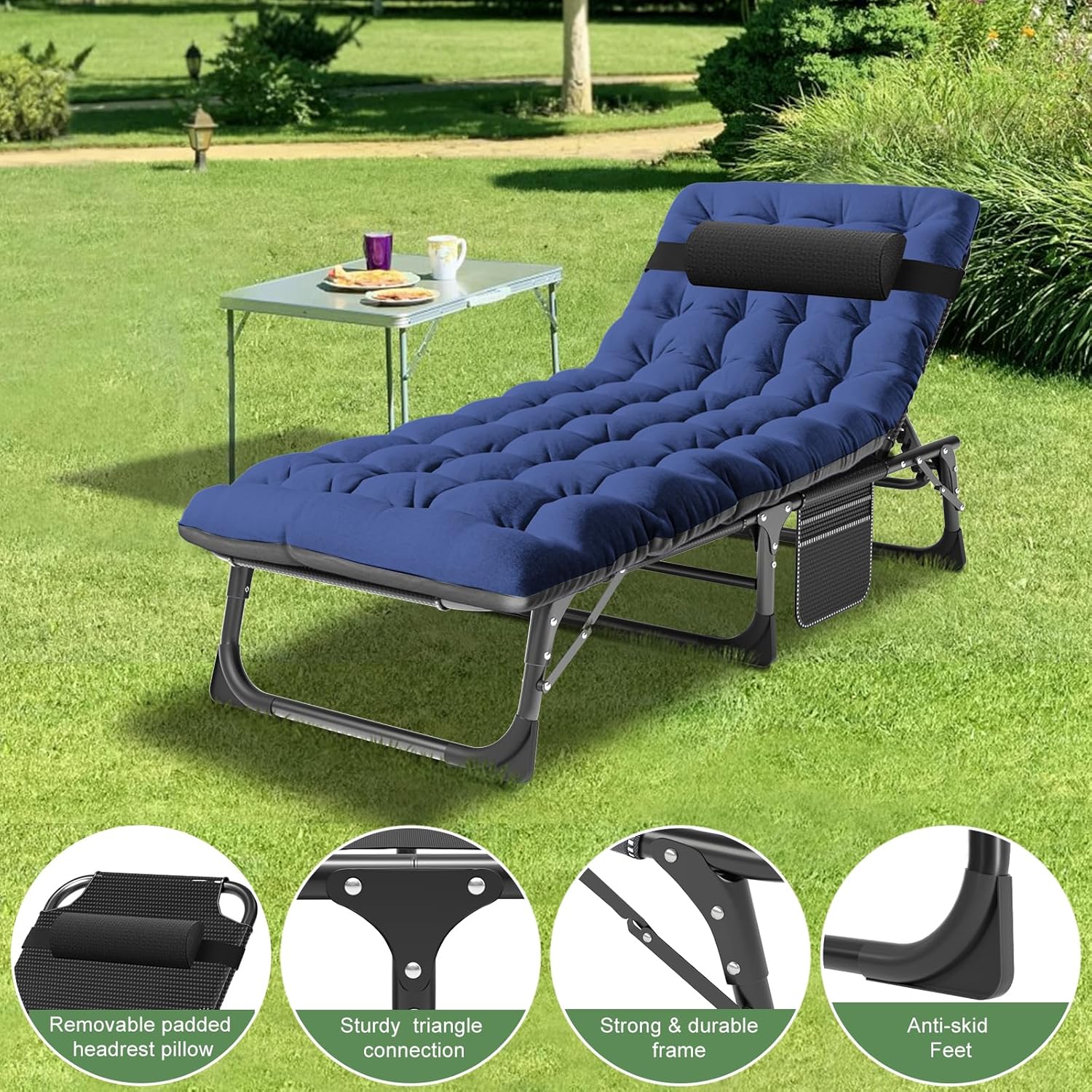 Heavy Duty Folding Lounger Bed Blue 200KG Recliner