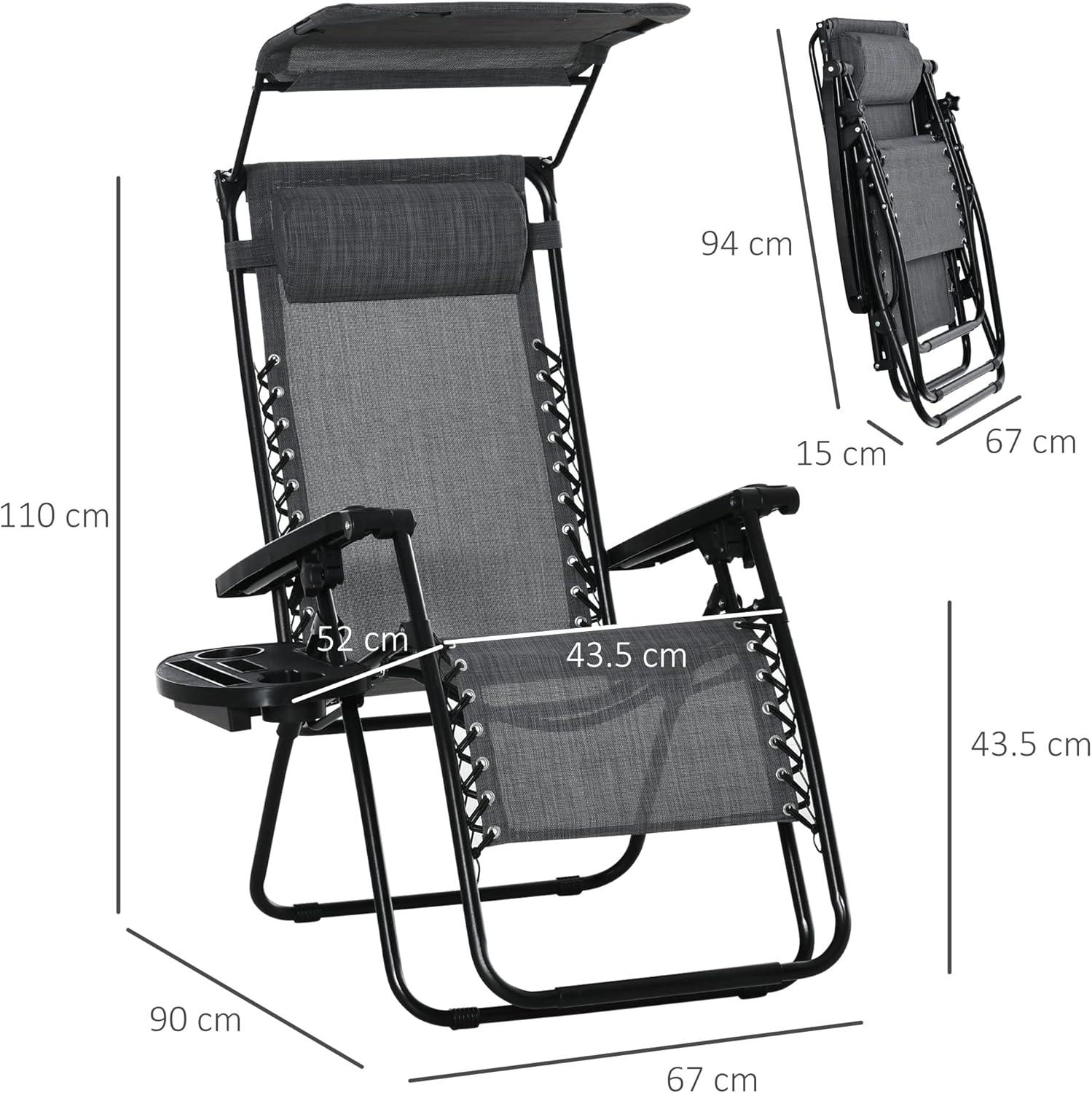 2 Foldable Zero Gravity Sun Lounger Chairs with Canopy Grey