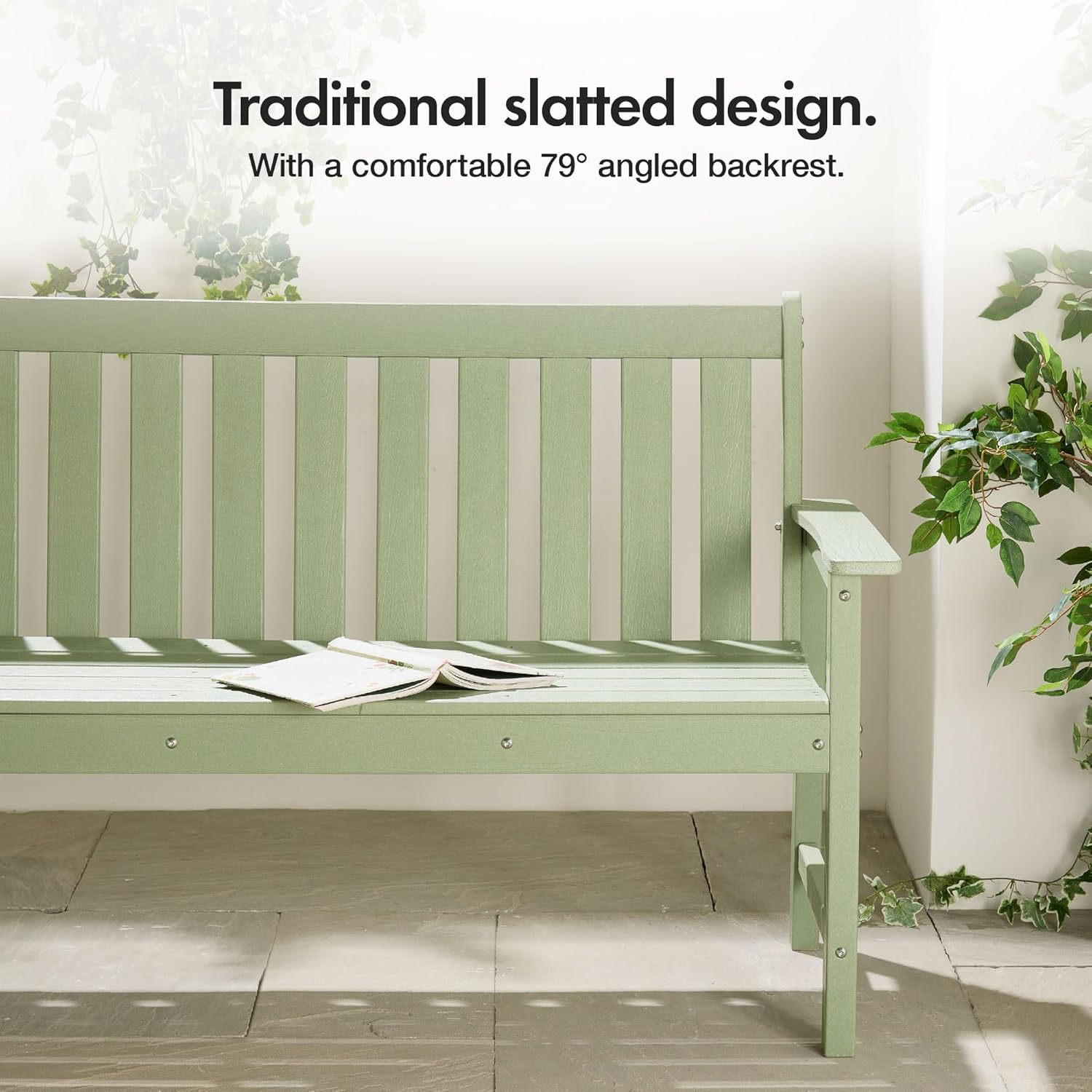 Sage Green Garden Bench 2 Seater HDPE Outdoor Patio Seat Slatted