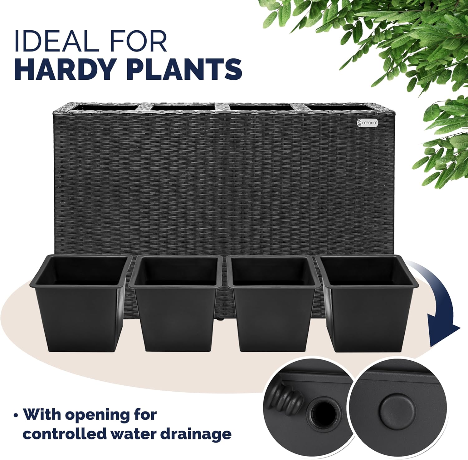 Large Tall Rattan Planter Box 95cm Black with 4 Pots
