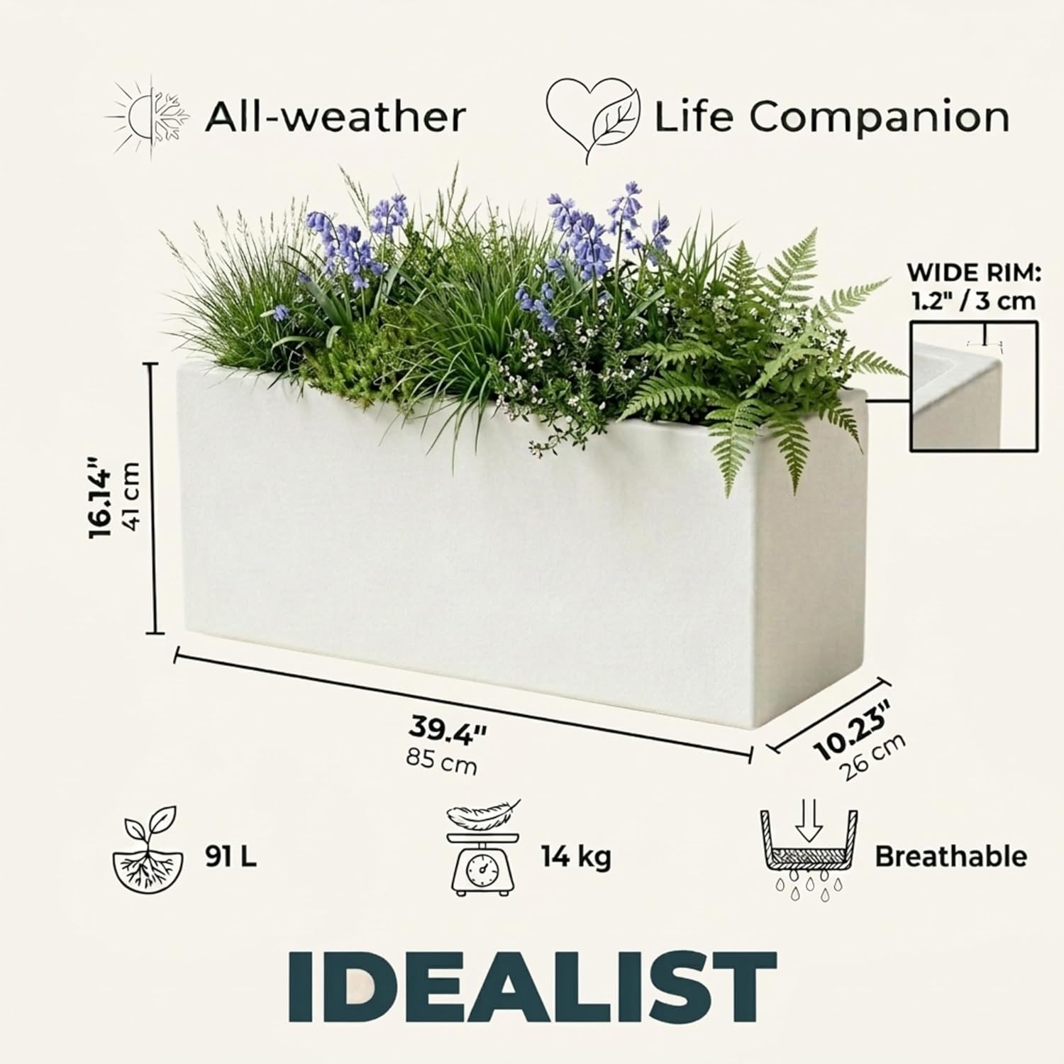 85cm Large Trough Planter White Stone Effect Outdoor Garden Pot