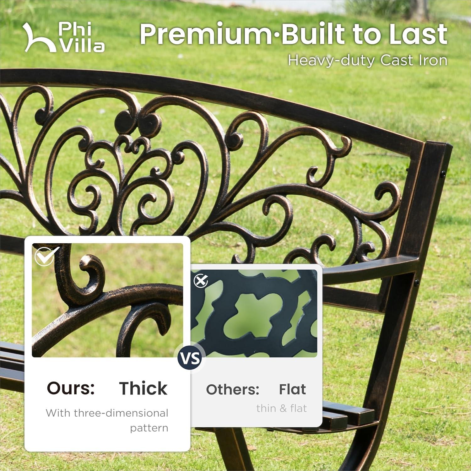 Bronze Metal Garden Bench 2–3 Seater Floral Backrest Patio Seat