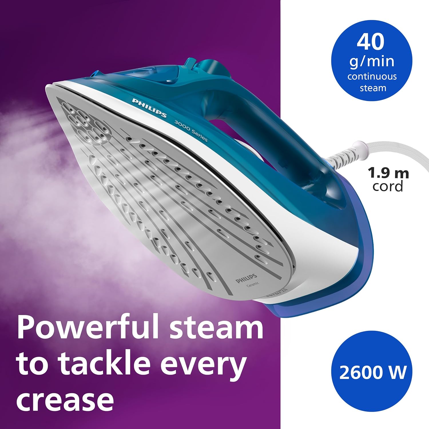 2600W Steam Iron 200g Steam Boost Ceramic Soleplate 300ml Tank