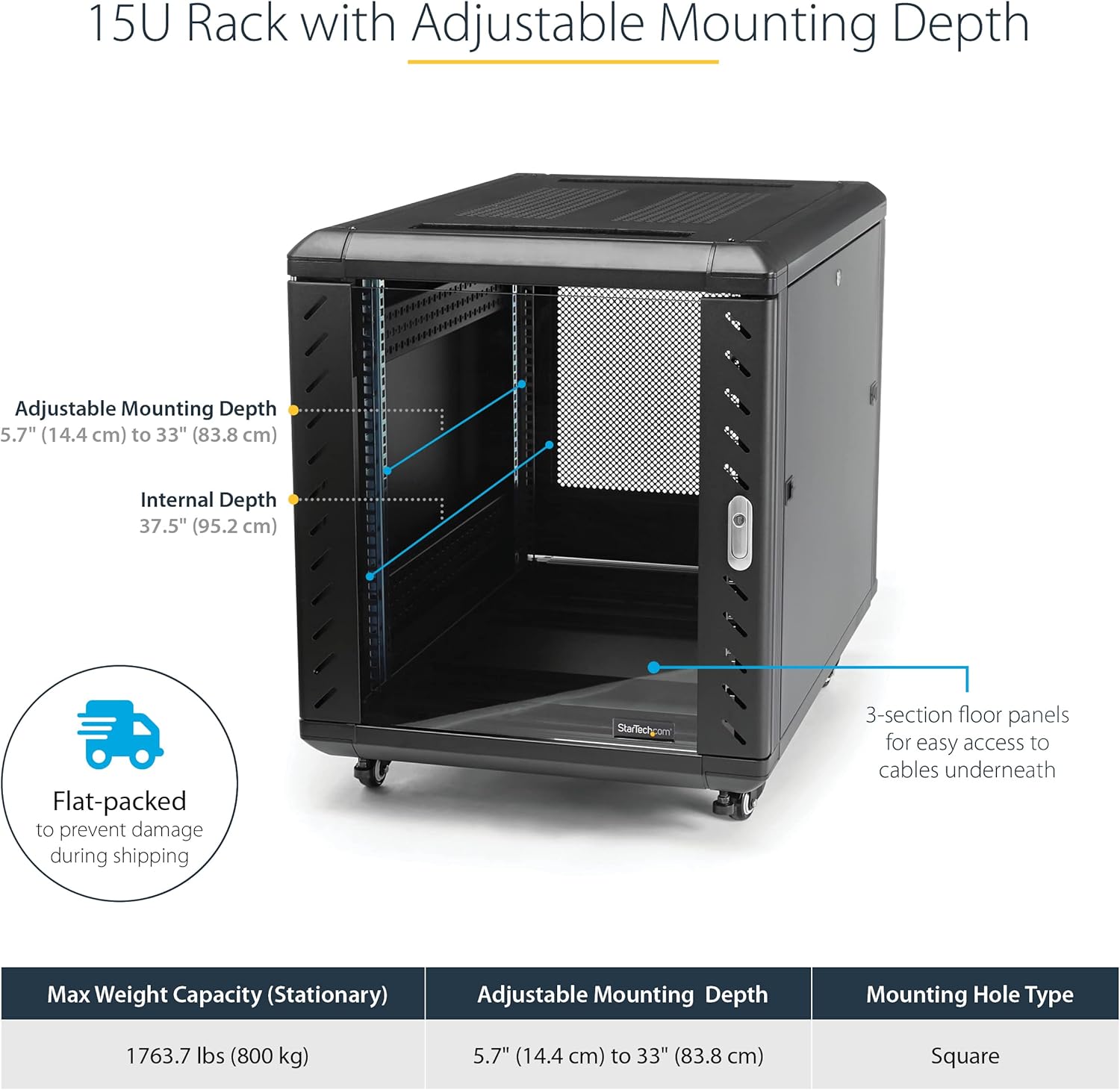 15U 19in Server Rack Cabinet 4 Post Adjustable Depth Locking Mobile