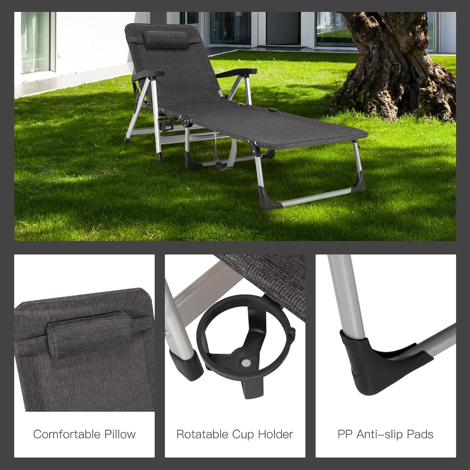 Folding Sun Lounger 7 Position Reclining Chair with Cup Holder Grey