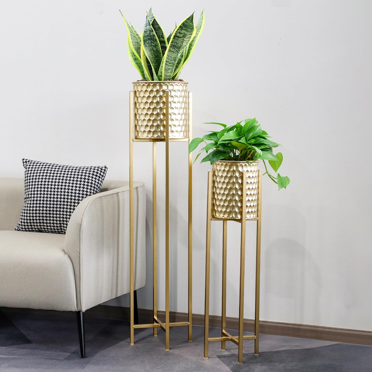Tall Gold Planters with Stand Set of 2 105cm 75cm Honeycomb