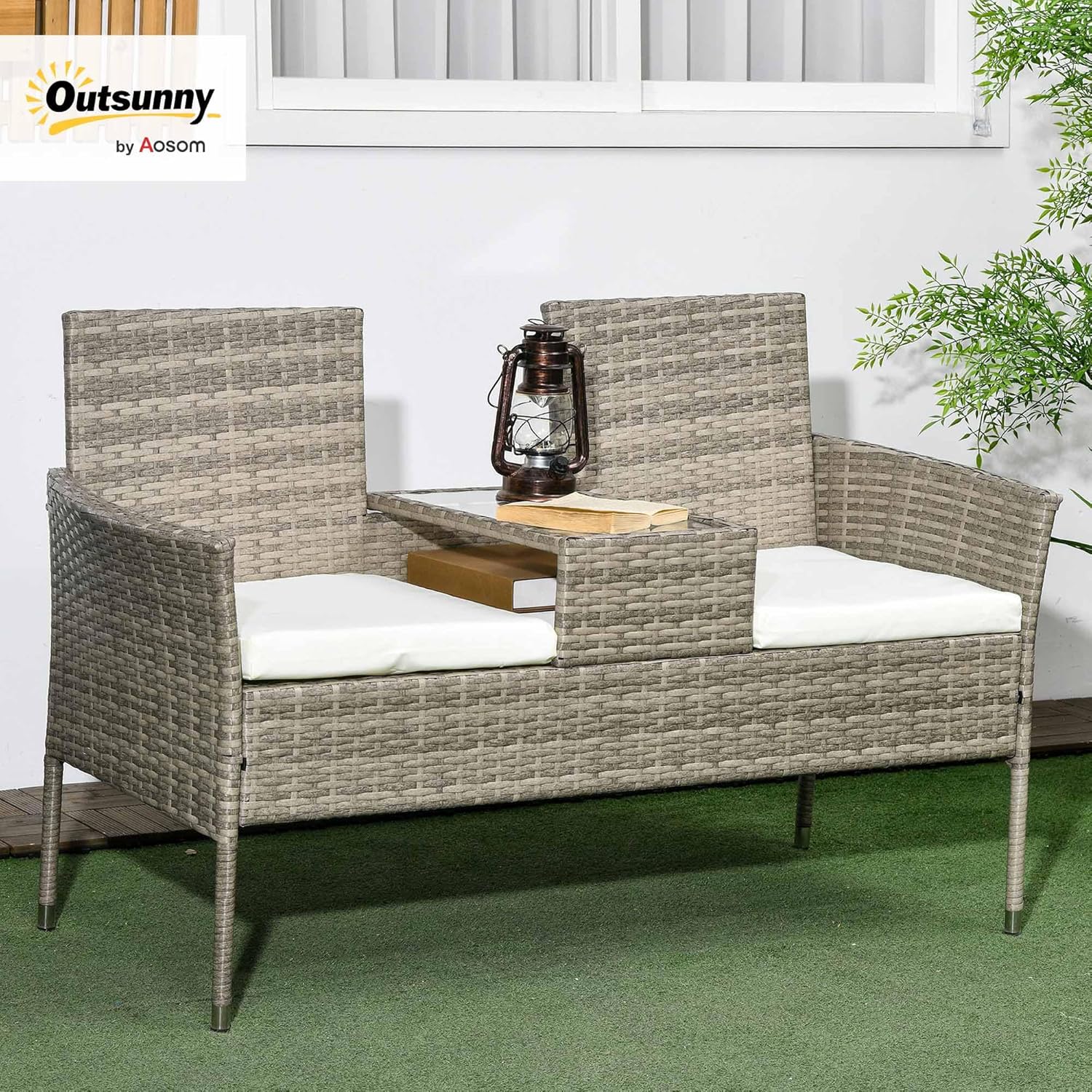 2 Seater Rattan Garden Bench with Glass Table Patio Love Seat Grey