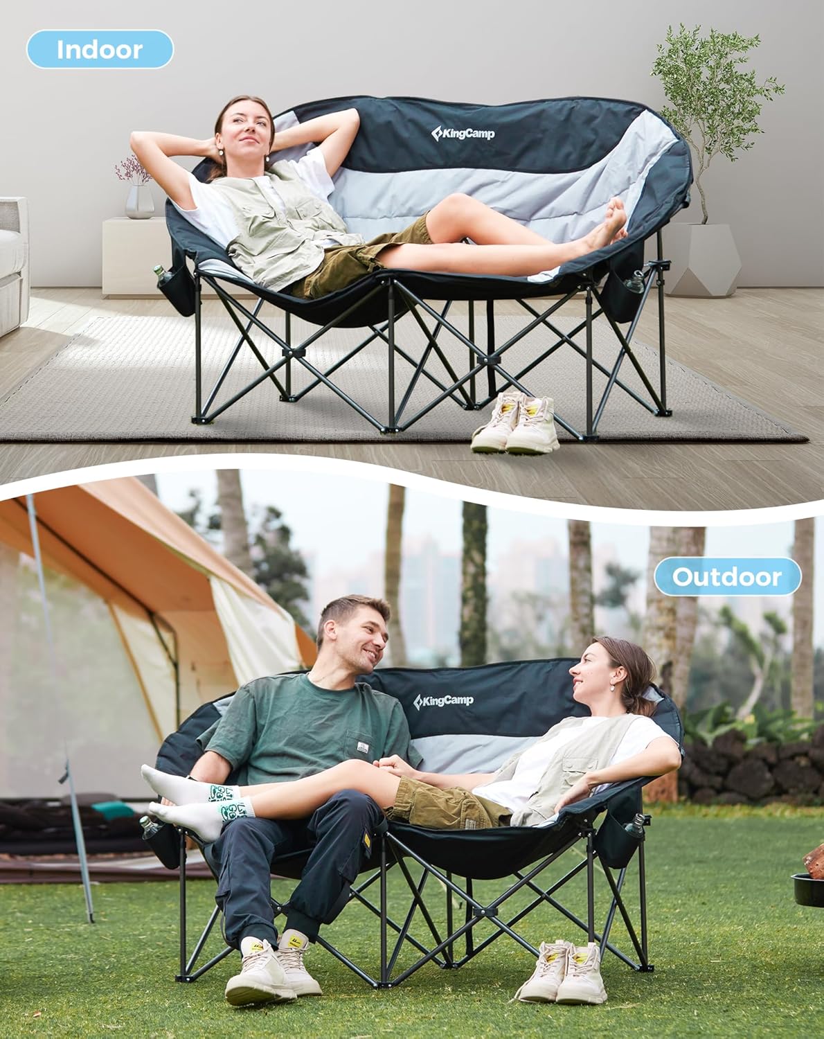 XXL Double Moon Camping Chair 300KG Black Grey