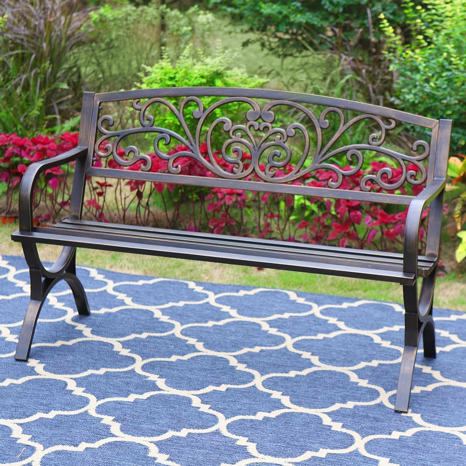 Bronze Metal Garden Bench 2–3 Seater Floral Backrest Patio Seat