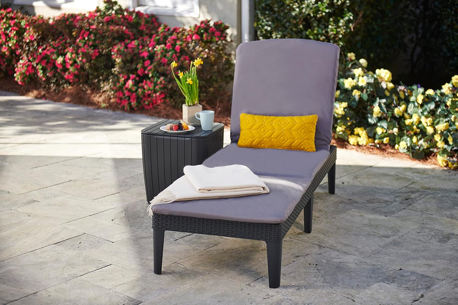 Folding Garden Sun Lounger Adjustable Backrest Cushion Grey