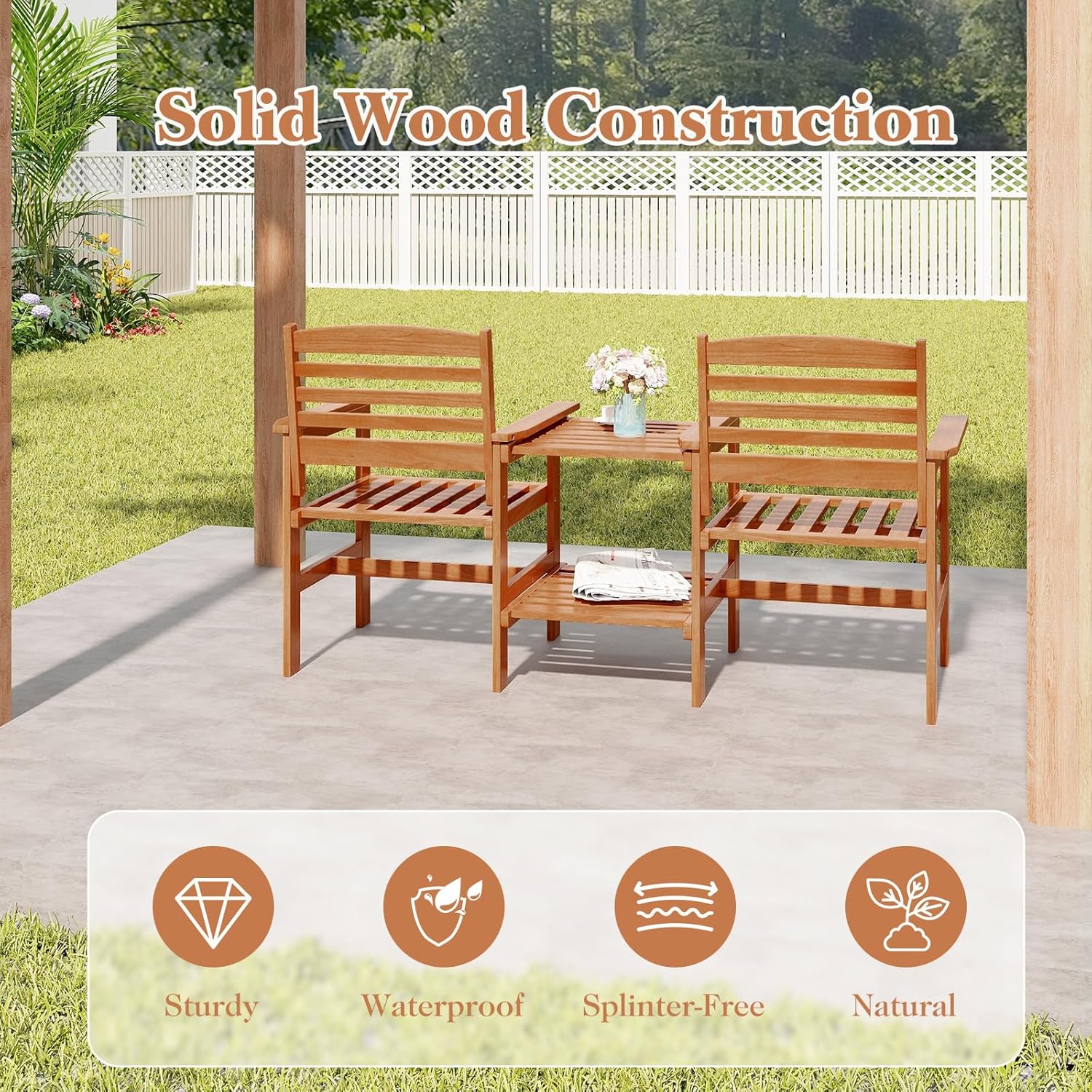 2 Seater Wooden Garden Loveseat Bench w/Table & Parasol Hole