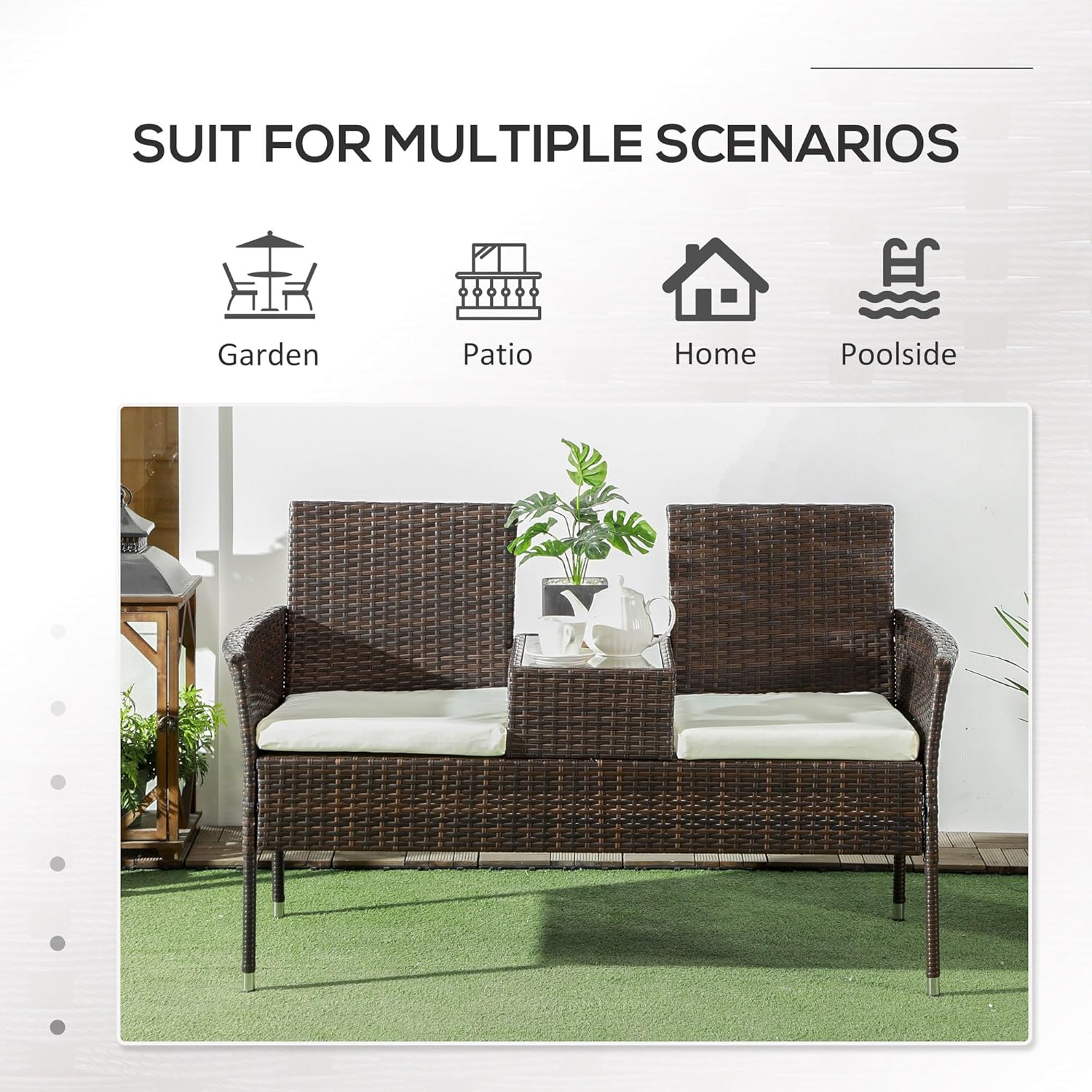 2 Seater Rattan Garden Bench with Glass Table Patio Love Seat