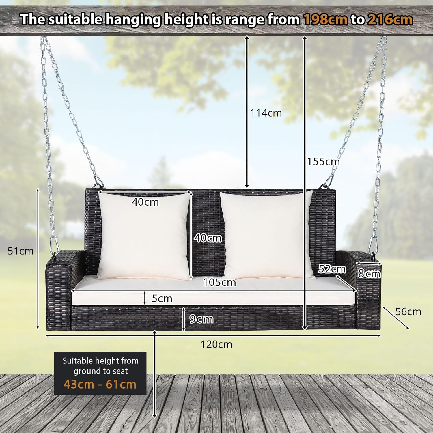 2 Person Rattan Swing Bench with Stand White Cushions