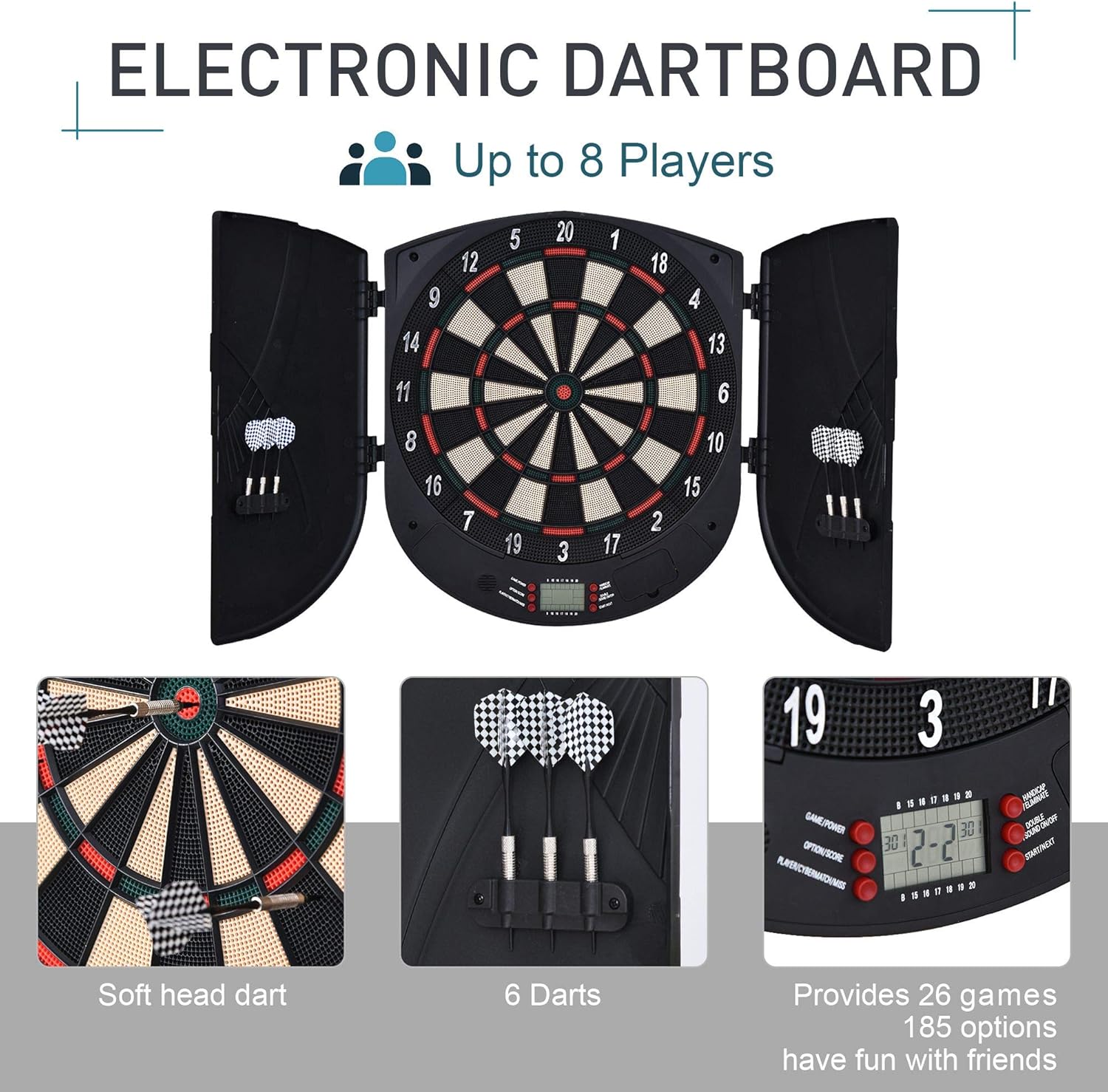 Electronic Dartboard Cabinet Set LCD Scoring 26 Games 6 Darts