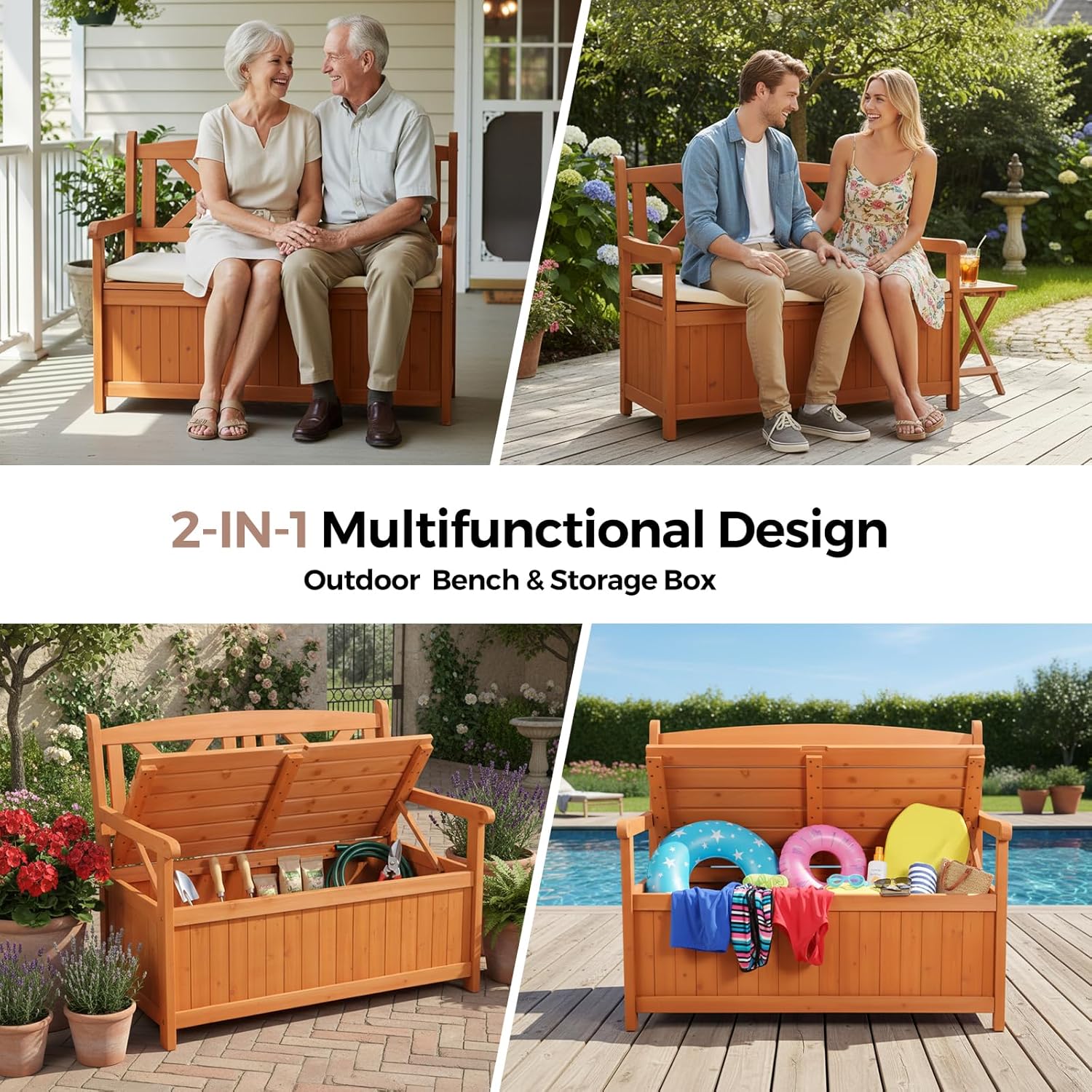 Wooden Garden Storage Bench 2 Seater Outdoor Patio Seat with Cushion
