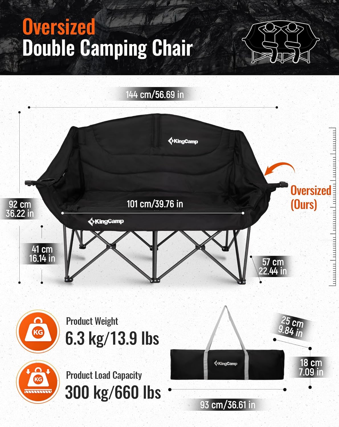 XL 2 Seater Camping Sofa Chair 300KG Black