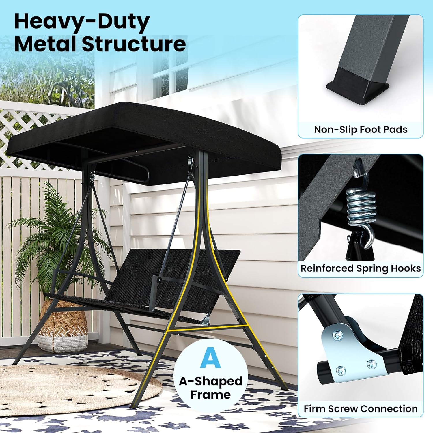 3 Seater Garden Swing Chair Rattan Canopy Bench Black