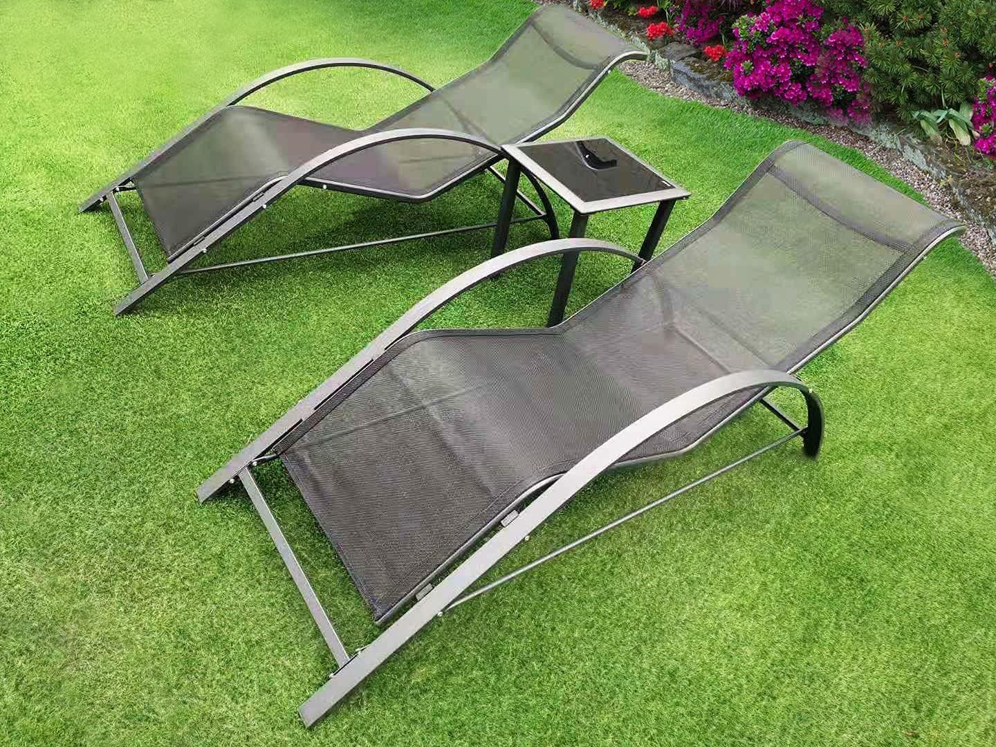 3 Piece Garden Sun Lounger Set Recliners Side Table Black