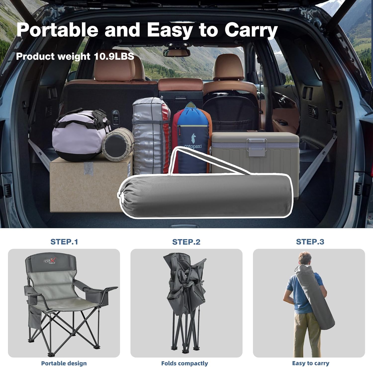 Oversized Camping Chair Heavy Duty Folding 200KG Cup Holder Cooler Grey