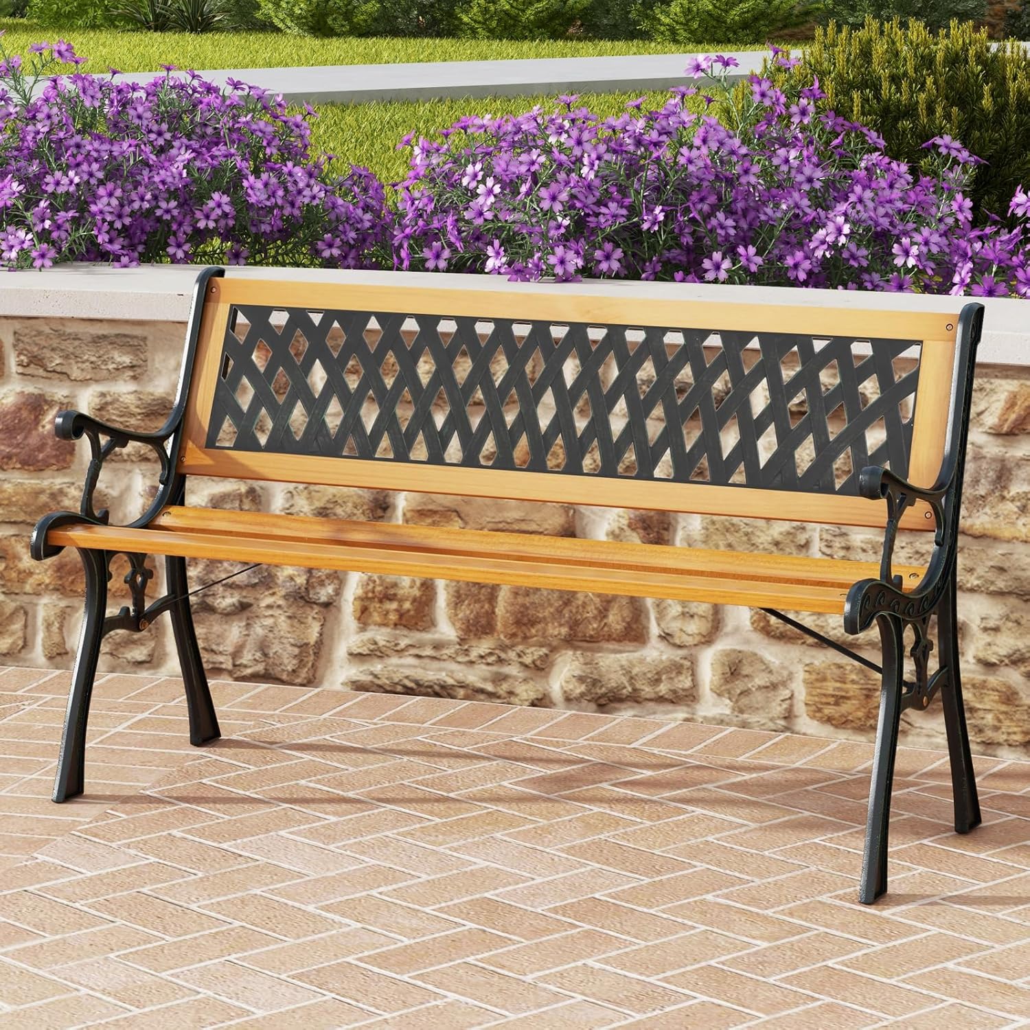 3 Seater Wooden Garden Bench Metal Frame Patio Park Seat