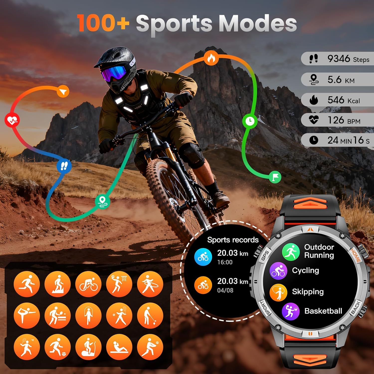 Military GPS Smart Watch LED Flashlight 100 Sports