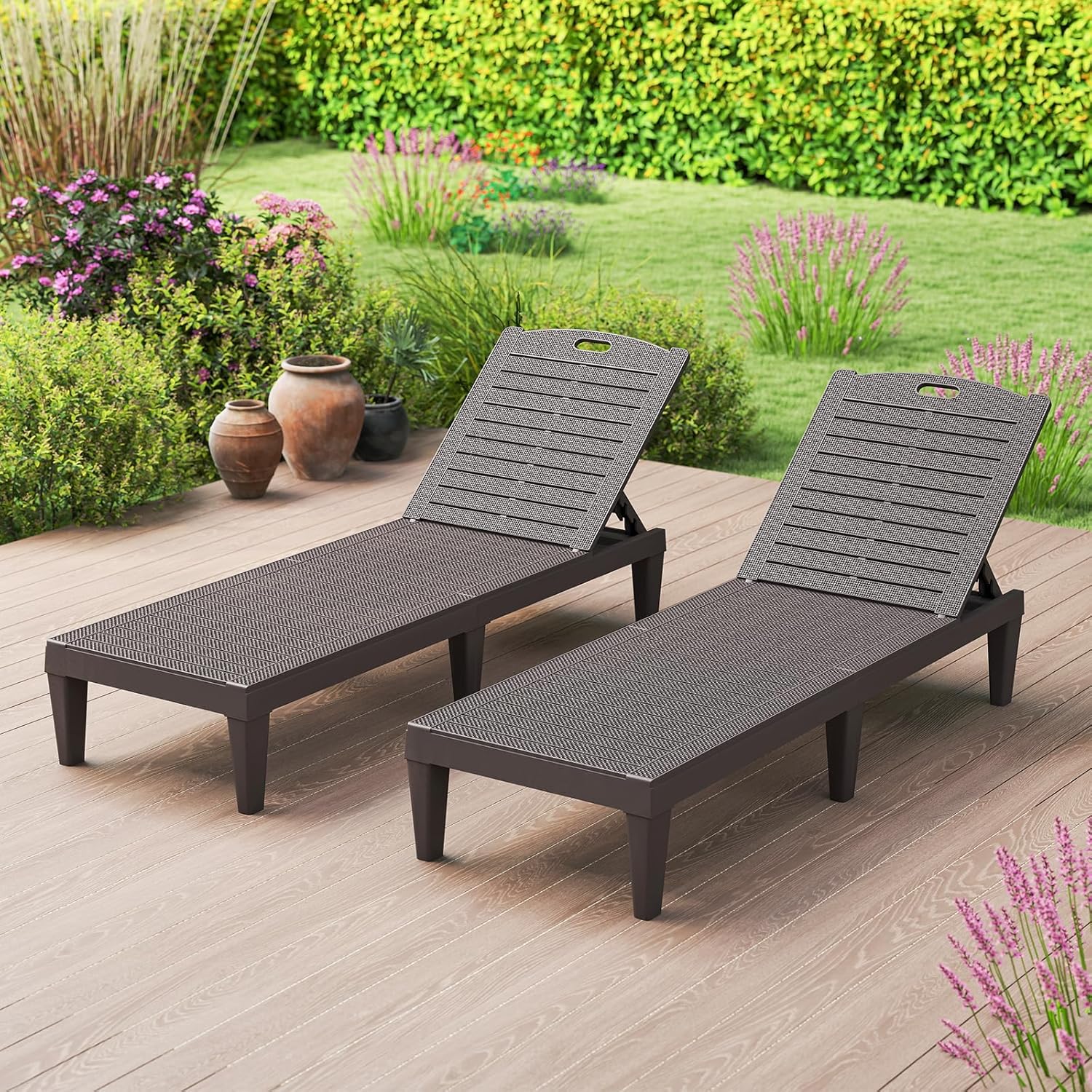Set of 2 Rattan Style Sun Loungers Brown 5 Level